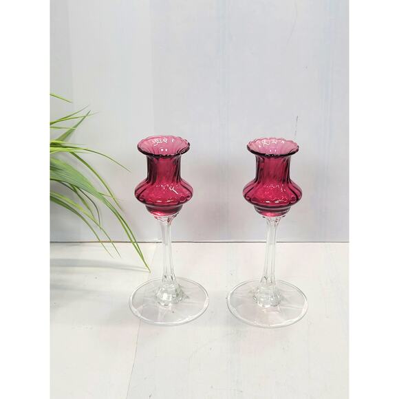 Vintage Candle Stick Holders, Pilgrim Glass, Cranberry Bowl, Clear Stem, Optic - Picture 1 of 4